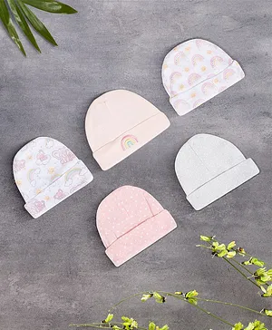 Baby Moo Pack Of 5 Ultra Soft 100% Cotton Rainbow & Heart Printed All Season Caps - Pink