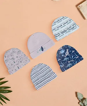 Baby Moo Pack Of 5 Ultra Soft 100% Cotton Striped  & Animals Printed All Season Caps Peach