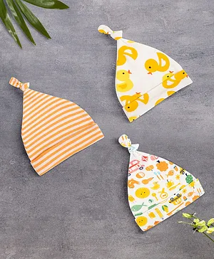 Baby Moo Pack Of 3 Striped & Duck Printed Ultra Soft 100% Cotton All Season Knotted Cap - Orange