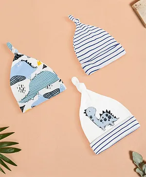 Baby Moo Pack Of 3 Striped & Dinosaur Printed Ultra Soft 100% Cotton All Season Knotted Cap - Off White & Blue