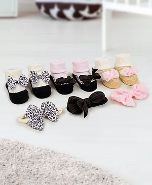 Baby Moo Pack Of 6 Bow Detailed Socks & Headband Gift Set - Black
