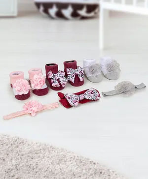 Baby Moo Pack Of 6 Floral & Bow Embellished Cotton Socks With  Coordinating Headbands - Maroon