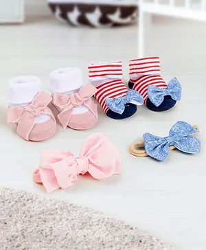 Baby Moo Pack Of 4 Bow Embellished Cotton Socks With Coordinating Headbands - Pink