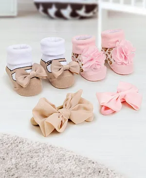 Baby Moo Pack Of 4 Bow & Floral Embellished Cotton Socks With Coordinating Headbands - Beige