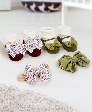 Baby Moo Pack Of 4 Bow Embellished Cotton Socks With Coordinating Headbands - Green