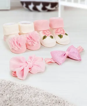 Baby Moo Pack Of 4 Bow & Floral Embellished Cotton  Socks With Coordinating Headbands - Pink