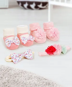 Baby Moo Pack Of 4 Bow & Floral Embellished Cotton  Socks With Coordinating Headbands -  Pink
