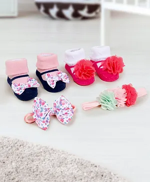 Baby Moo Pack Of 4 Bow & Floral Embellished Cotton Socks With Coordinating Headbands -  Pink