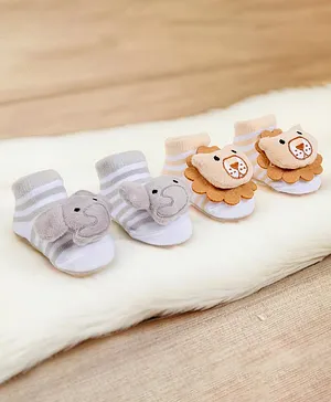 Baby Moo Pack Of 2 3D I Lion & Elephant Applique Detailed & Striped Infant Socks - Peach & Grey
