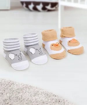 Baby Moo Pack Of 2 3D Chick & Elephant Design Detailed & Striped Infant Socks - Beige & Grey