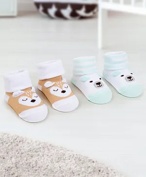 Baby Moo Pack Of 2 3D Fox & Bear Design Detailed & Striped Infant Socks - Turquoise