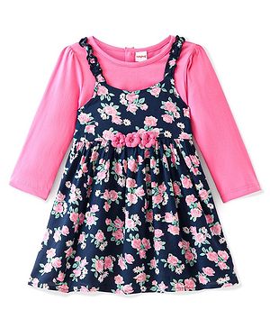 Babyhug Viscose Frock with Knit Full Sleeves Inner Tee with Floral Print & Applique - Pink & Navy Blue