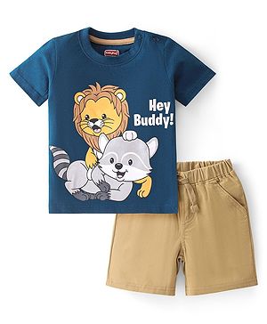 Babyhug 100% Cotton Knit Single Jersey Half Sleeves T-Shirt & Shorts With Animals Print - Navy Blue & Beige