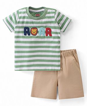 Babyhug 100% Cotton Knit Single Jersey Half Sleeves T-Shirt & Shorts With Text & Lion Embroidery - Green & Beige