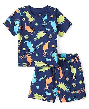 Doodle Poodle 100% Cotton Half Sleeves Dino Printed Night Suit -Navy Blue