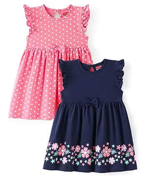 Babyhug Cotton Jersey Knit Sleeveless Frock Polka Dot & Floral Print Bow Applique- Pink & Blue
