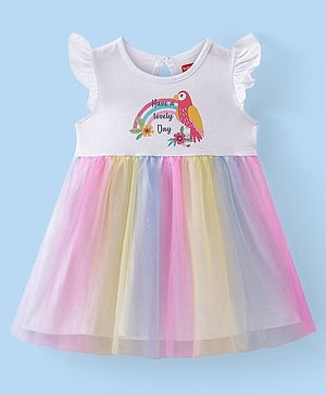 Babyhug Cotton Jersey Frill Sleeves Bird Print Frock with Mesh Detailing - Multicolour