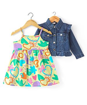 Babyhug Woven Sleeveless Frock with Denim Jacket Heart Print - Multicolour