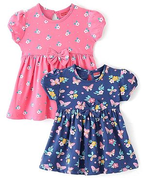 Babyhug 100% Cotton Jersey Knit Half Sleeves Frock With Floral Print Pack Of 2 - Multicolor