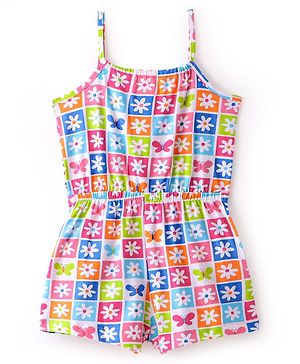 Babyhug Cotton Knit Sleeveless Floral Printed Jumpsuit - Multicolour