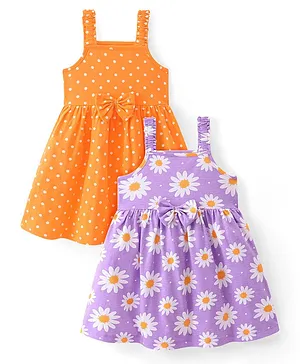 Babyhug Cotton Jersey Singlet Sleeves Frock Floral & Polka Dot Print Pack of 2 - Orange &  Purple