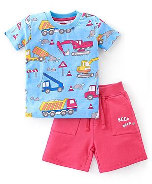 Babyhug Cotton Knit Half Sleeves Construction Vehicles Printed T-Shirt & Shorts Set - Blue & Red