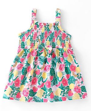 Babyhug Cotton Jersey Singet Sleeves Frock Tropical Theme Print - Multicolor