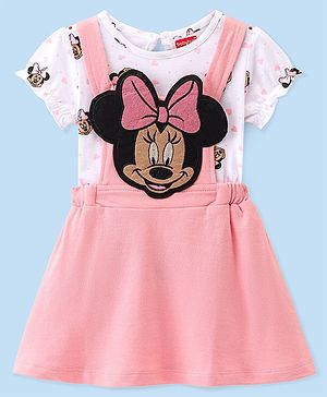 Babyhug 100% Cotton Knit Dungaree Style Frock With Inner Sleeves Inner T-Shirt Mickey Mouse Print & Embroidery -Pink & White