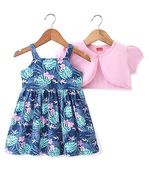 Babyhug 100% Cotton Knit Strap Shoulder Floral Printed Frock with Shrug - Multucolor