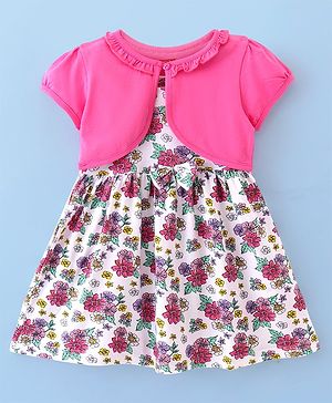 Babyhug 100% Cotton Knit Strap Shoulder Frock & Half Sleeves Shrug with Floral Print - Multicolor