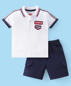 Babyhug Single Jersey Knit Half Sleeves T-Shirt & Shorts With Text Print - White & Blue