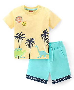 Babyhug Single Jersey Half Sleeves T-Shirt and Shorts Set Dino Print - Yellow & Blue