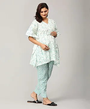 The Mom Store Half Sleeves Floral Printed Maternity   Kaftan Co Ord Set With Concealed Zipper Nursing Access - Blue