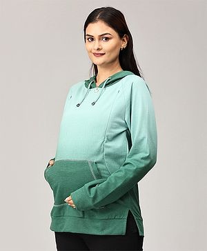 The Mom Store Full Sleeves Ombre Maternity Hooded Sweatshirt With Concealed Zipper Nursing Access - Green