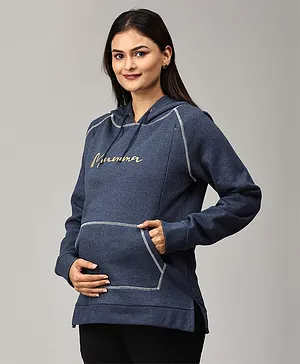The Mom Store Full Sleeves Mumma Shines Text Printed  Maternity Hooded Sweatshirt With Concealed Zipper Nursing Access - Navy Blue