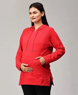 The Mom Store Full Sleeves Solid Maternity Hooded Sweatshirt With Concealed Zipper Nursing Access - Red
