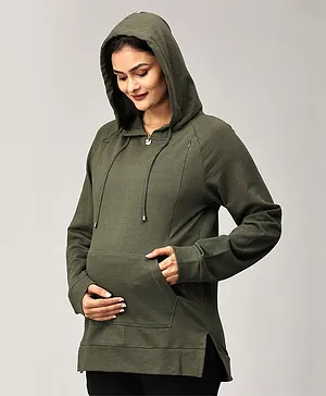 The Mom Store Full Sleeves Solid Maternity Hooded Sweatshirt With Concealed Zipper Nursing Access - Olive Green