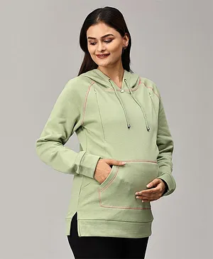 The Mom Store Full Sleeves Solid Maternity Hooded Sweatshirt With Concealed Zipper Nursing Access - Pastel Green