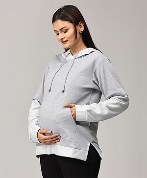 The Mom Store Full Sleeves Solid Maternity Hooded Sweatshirt With Concealed Zipper Nursing Access - Grey