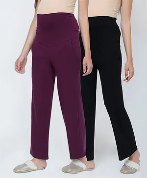 The Mom Store Pack Of 2 Solid Comfy Maternity Track Pants - Wine Purple & Black