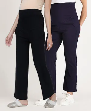 The Mom Store Pack Of 2 Solid Comfy Maternity Track Pants - Black & Navy Blue