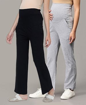 The Mom Store Pack Of 2 Solid Comfy Maternity Track Pants - Black & Grey