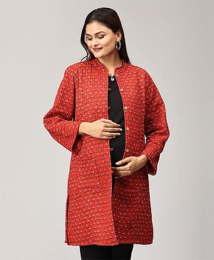 The Mom Store Full Sleeves Floral Motif Printed Quilted Reversible Maternity Jacket -  Red