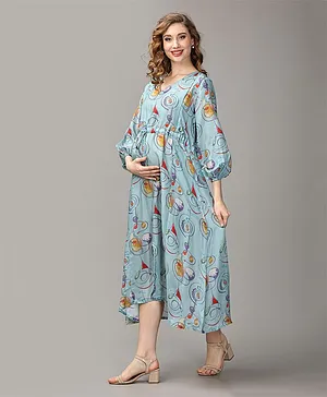 The Mom Store Three Fourth Sleeves Abstract Printed  Maternity Dress With Nursing Access - Blue