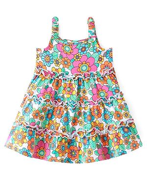 Babyhug Cotton Single Jersey Sleeveless Frock with Frill Detailing and Floral Print - Multicolour
