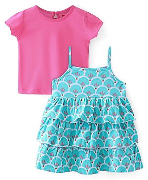 Babyhug Cotton Jersey Knit Frock with Half Sleeves  Inner T-Shirt Floral Print - Multicolor
