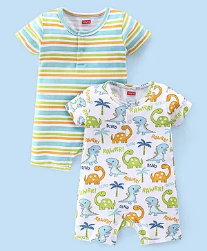 Babyhug 100% Cotton Interlock Knit Half Sleeves Romper Stripes & Dino Print Pack Of 2 - Multicolor