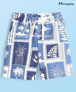 Honeyhap Premium  100% Cotton Terry Knit With Bio Finish Knee Length  Bermuda Beach Theme Print - Navy Peony Blue & Bright White