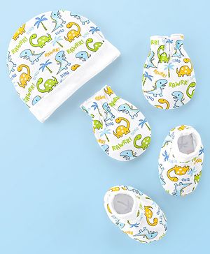 Babyhug Interlock 100% Cotton Knit Cap Mittens & Booties Set Dino Print - White