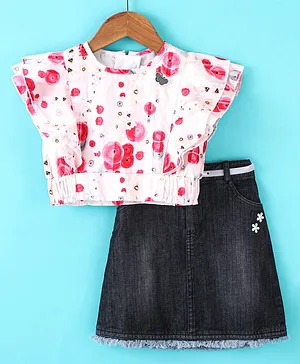 Enfance Core Half Frill Sleeves Floral Printed Top With  Denim Skirt - Red